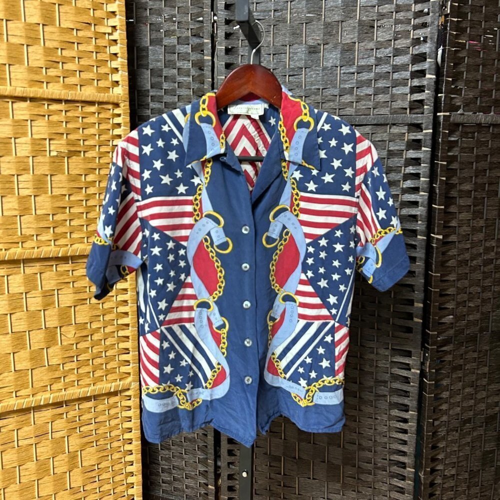 Spencer Jeremy Womens Vintage Blouse Small Blue Printed Silk Flag and Chain